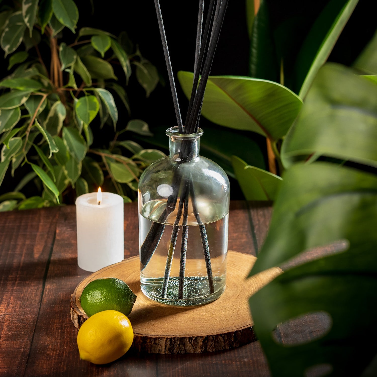 XL size 1l diffuser with lemon and lime in foreground. Diffuser supplies, how to make a diffuser.
