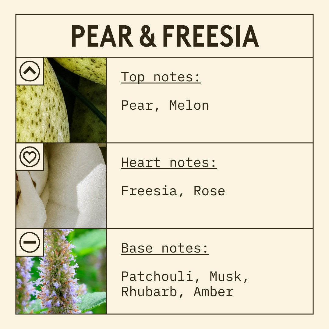 Pear & Freesia fragrance oil scent card with floral, fruity and musky notes