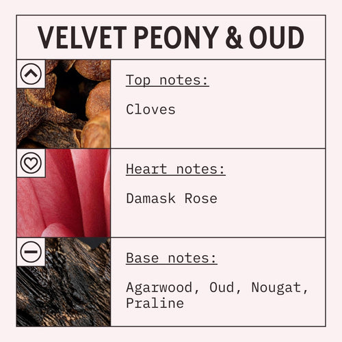 Velvet Peony & Oud fragrance oil scent card with floral, musky and oriental notes
