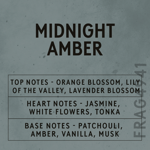Product label for 'Midnight Amber' fragrance with notes on a textured gray background.