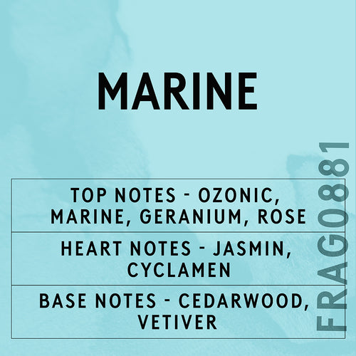Marine on a light blue background with fragrance notes listed