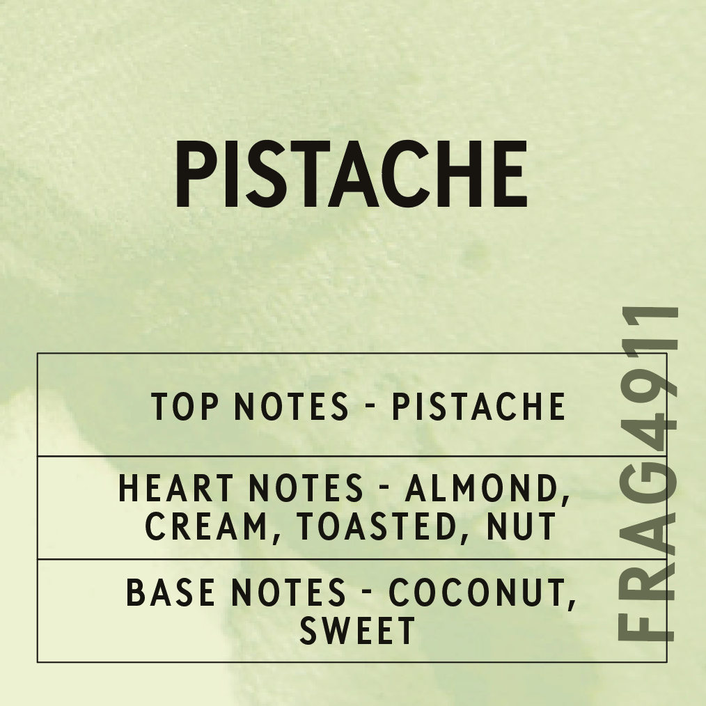Text detailing the fragrance notes of 'Pistache' on a light green background