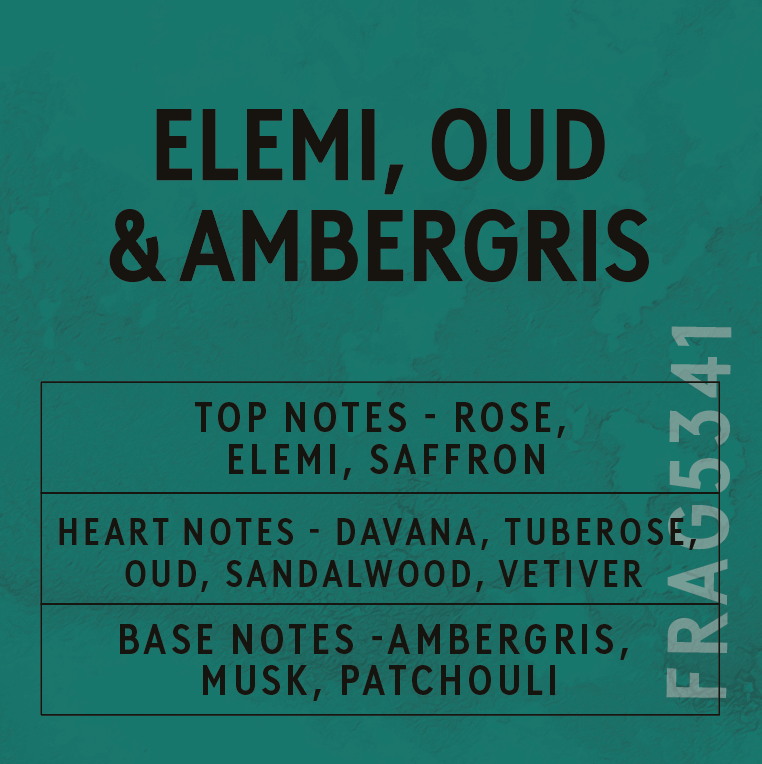 A teal-green graphic card with black text listing fragrance notes: 'ELEMi, OUD & AMBERGRIS' at the top, followed by 'TOP NOTES - ROSE, ELEMi, SAFFRON,' 'HEART NOTES - DAVANA, TUBEROSE, OUD, SANDALWOOD, VETIVER,' and 'BASE NOTES - AMBERGRIS, MUSK, PATCHOUli.' A vertical number 'FRA5341' appears on the right edge.