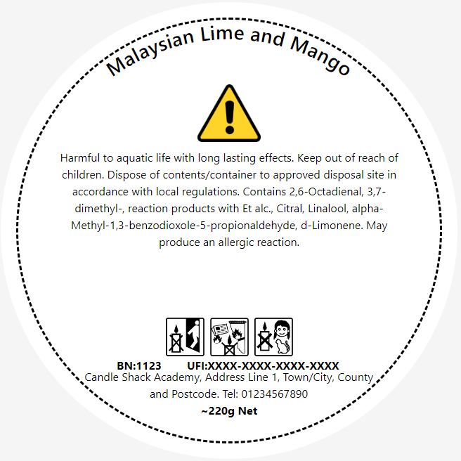 CLP safety label for a malaysian lime and mango fragrance. Natural candles, safety, paraben free. Candle making.