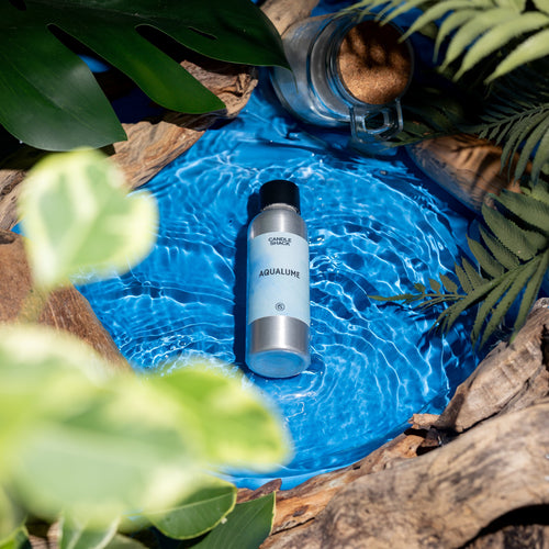 AquaLume Fragrance Oil bottle in water with driftwood and foliage