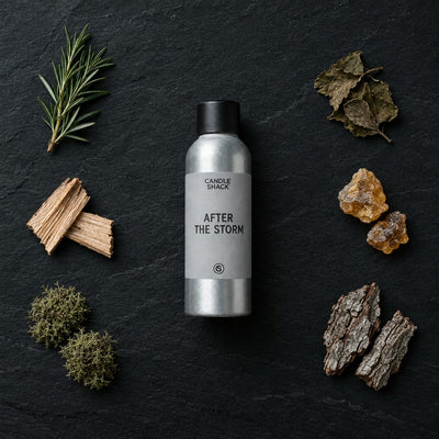 After The Storm fragrance oil - Candle Shack aluminium bottle with dried botanicals on a dark slate background