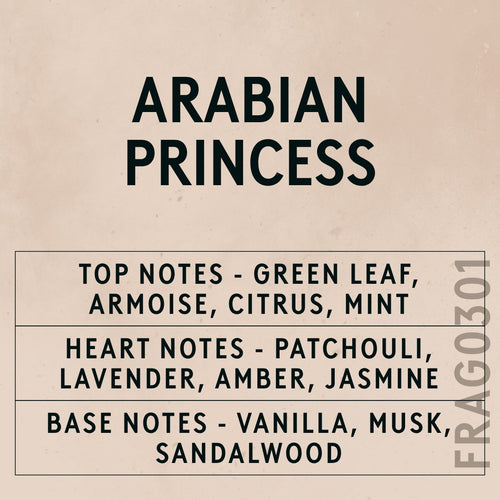 Arabian Princess fragrance oil - Candle Shack aluminium bottle with dried botanicals on a dark slate background