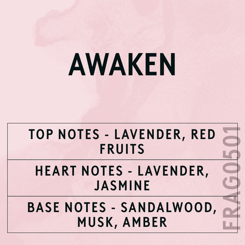 Awaken fragrance oil - Candle Shack aluminium bottle with dried botanicals on a dark slate background