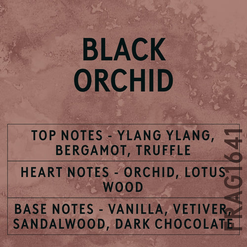Black Orchid fragrance oil - Candle Shack aluminium bottle with dried botanicals on a dark slate background