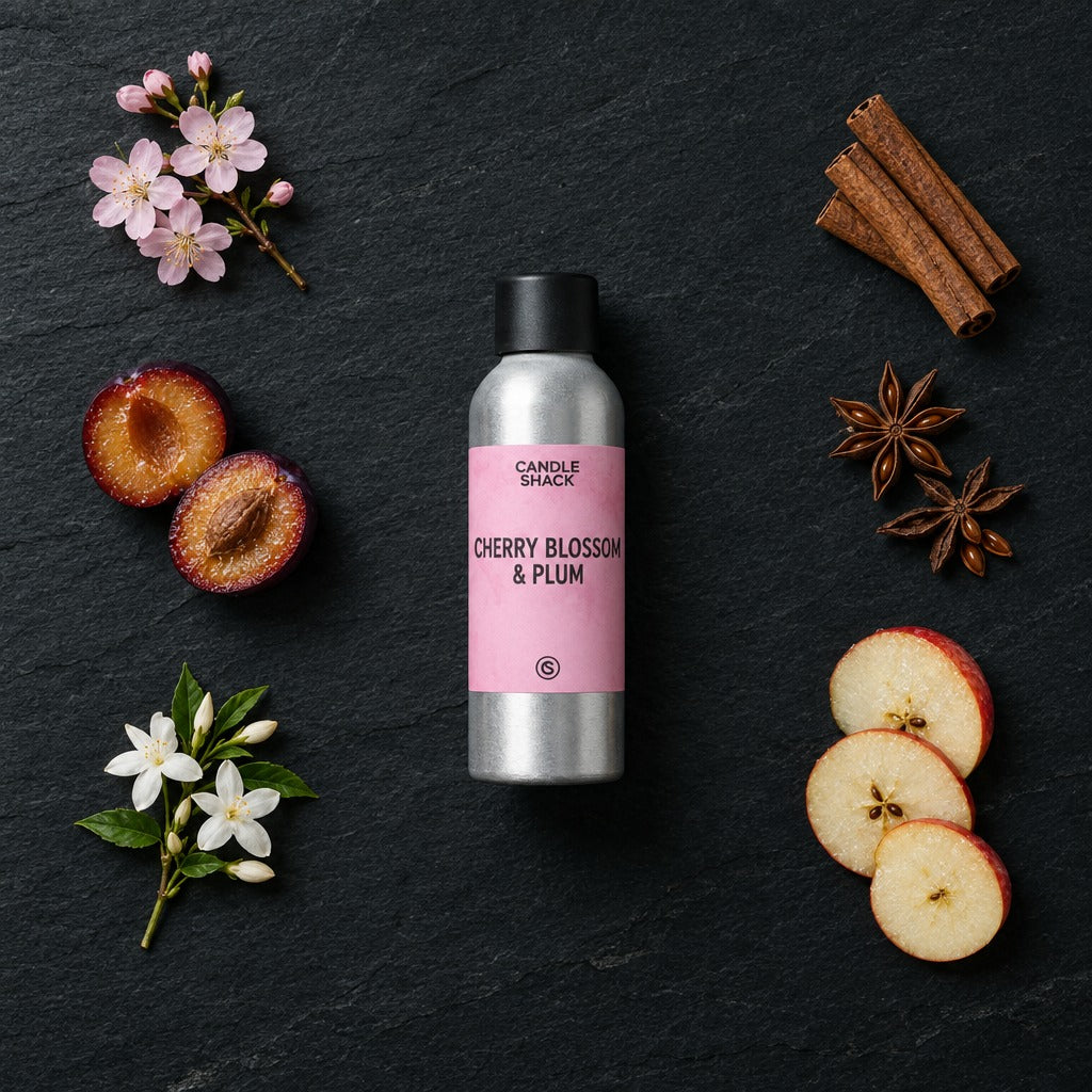 Cherry Blossom & Plum fragrance oil - Candle Shack aluminium bottle with dried botanicals on a dark slate background