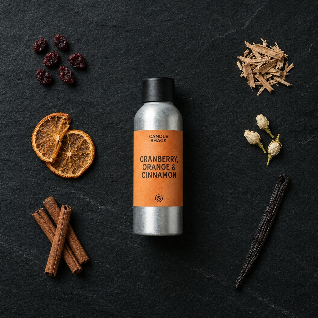 Cranberry, Orange and Cinnamon fragrance oil - Candle Shack aluminium bottle with dried botanicals on a dark slate background