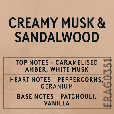 Creamy Musk and Sandalwood Fragrance Oil scent card (English)