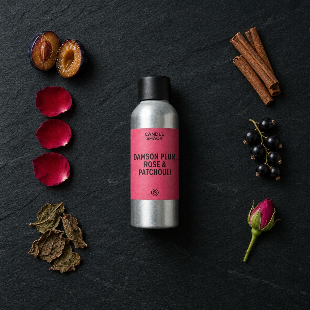 Damson Plum, Rose & Patchouli fragrance oil - Candle Shack aluminium bottle with dried botanicals on a dark slate background