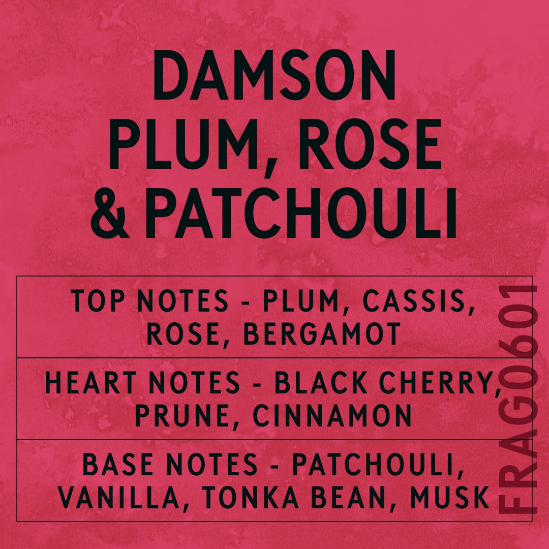 Damson Plum, Rose & Patchouli Fragrance Oil scent card (English)