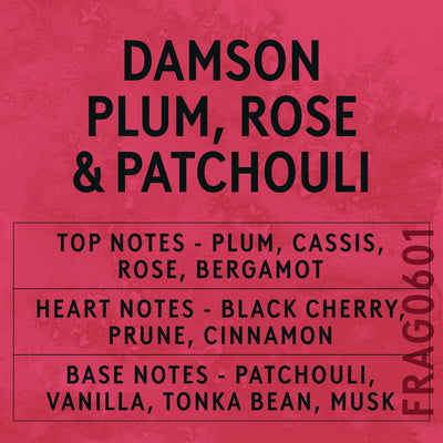 Damson Plum, Rose & Patchouli Fragrance Oil scent card (English)