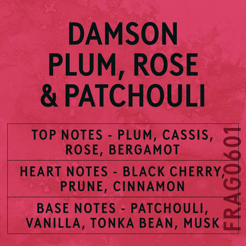 Damson Plum, Rose & Patchouli Fragrance Oil scent card (English)