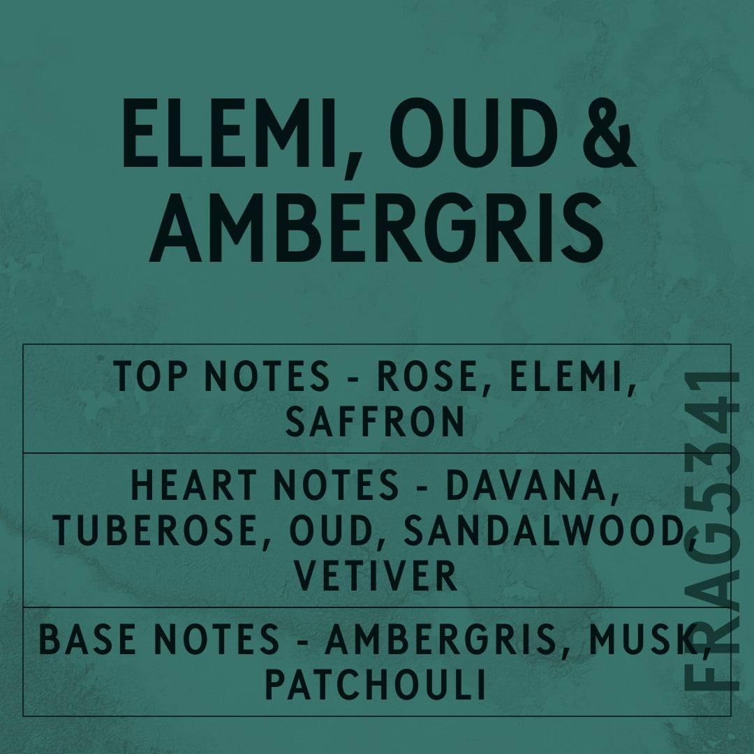Elemi, Oud & Ambergris Fragrance Oil scent card (English)