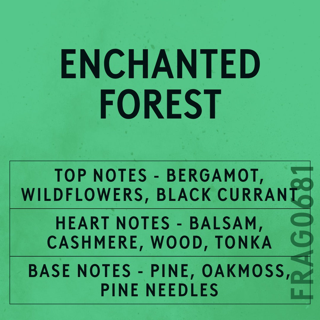 Enchanted Forest fragrance oil - Candle Shack aluminium bottle with dried botanicals on a dark slate background