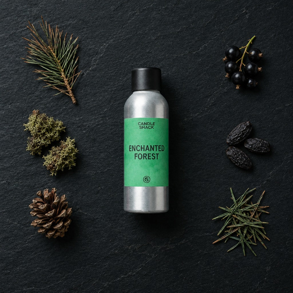 Enchanted Forest fragrance oil - Candle Shack aluminium bottle with dried botanicals on a dark slate background