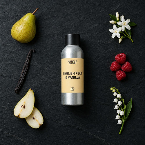 English Pear & Vanilla fragrance oil - Candle Shack aluminium bottle with dried botanicals on a dark slate background