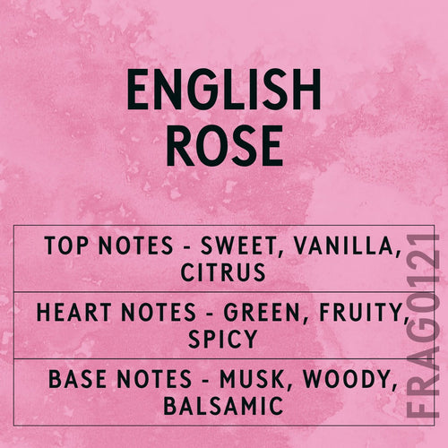English Rose fragrance oil - Candle Shack aluminium bottle with dried botanicals on a dark slate background
