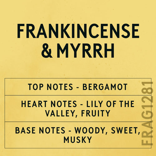 Frankincense & Myrrh fragrance oil - Candle Shack aluminium bottle with dried botanicals on a dark slate background