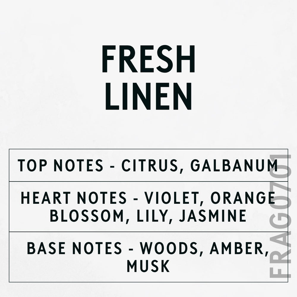 Fresh Linen fragrance oil - Candle Shack aluminium bottle with dried botanicals on a dark slate background