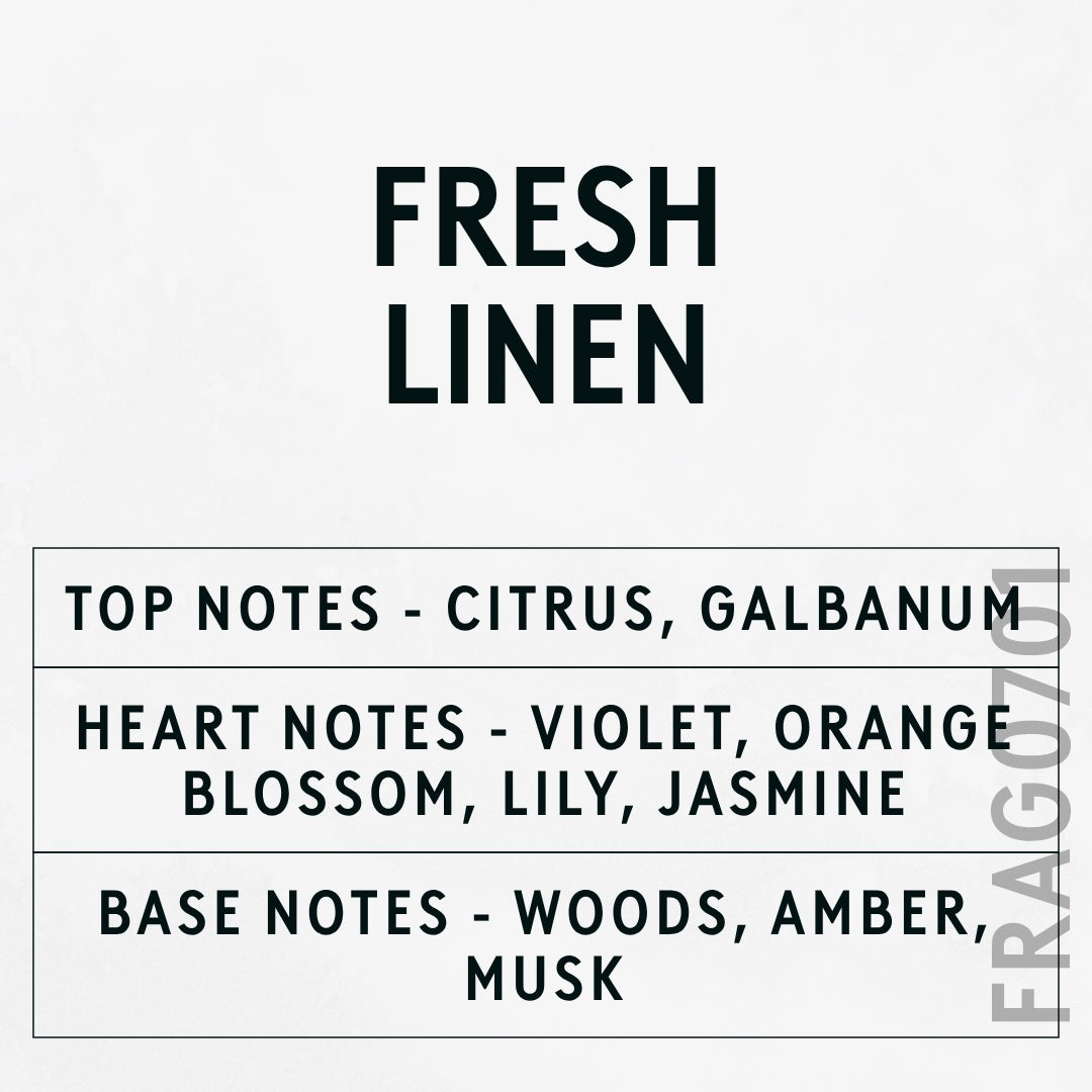 Fresh Linen fragrance oil - Candle Shack aluminium bottle with dried botanicals on a dark slate background