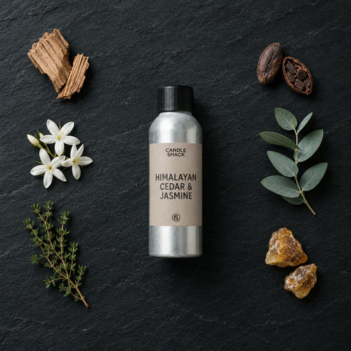Himalayan Cedar & Jasmine fragrance oil - Candle Shack aluminium bottle with dried botanicals on a dark slate background