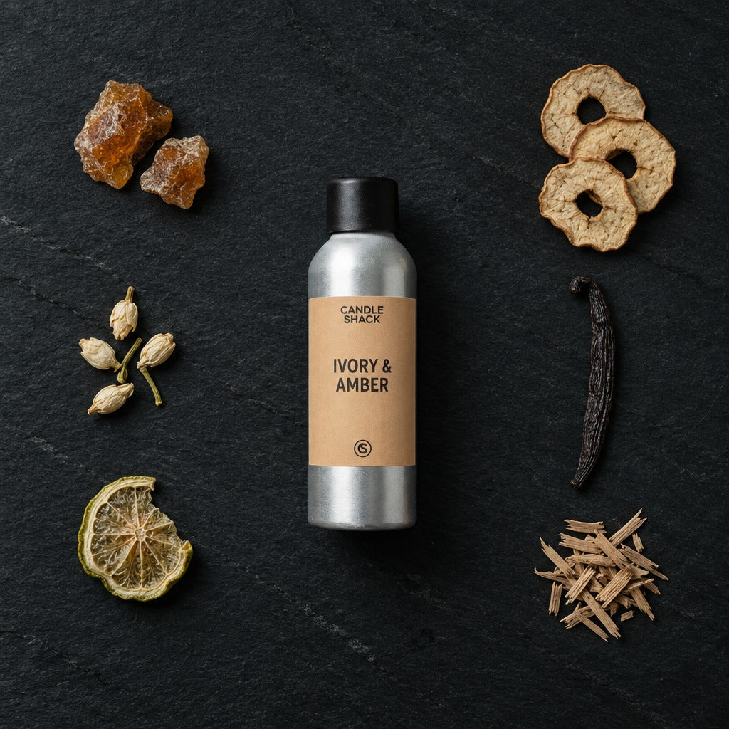 Ivory & Amber fragrance oil - Candle Shack aluminium bottle with dried botanicals on a dark slate background