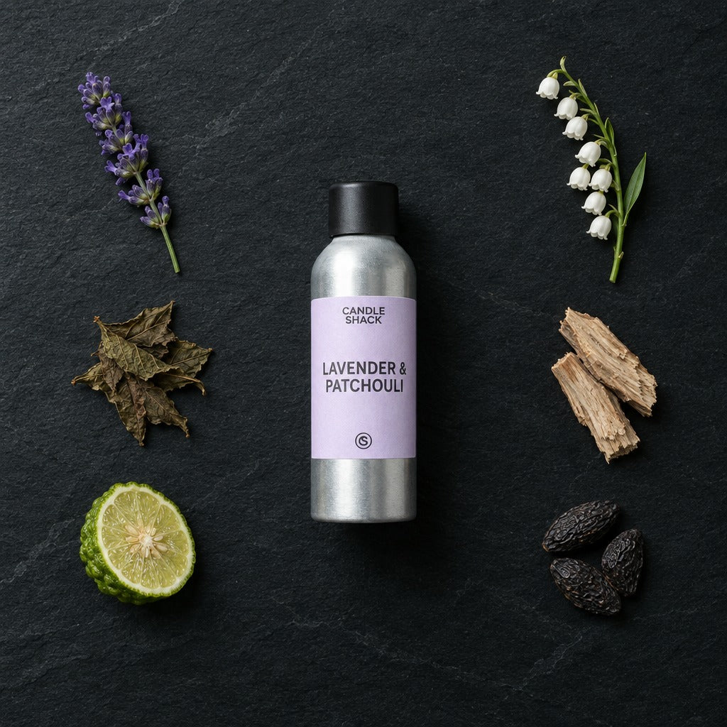 Lavender & Patchouli with Citrepel Insect Repellent fragrance oil - Candle Shack aluminium bottle with dried botanicals on a dark slate background