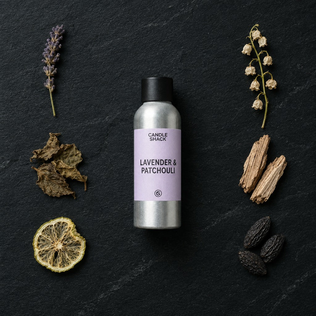 Lavender & Patchouli with Citrepel Insect Repellent fragrance oil - Candle Shack aluminium bottle with dried botanicals on a dark slate background