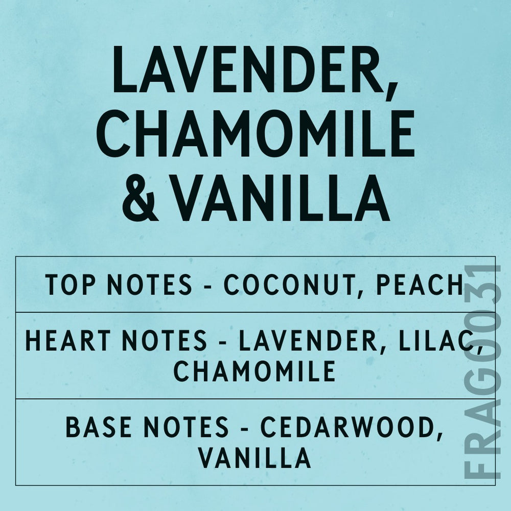 Lavender, Chamomile & Vanilla fragrance oil - Candle Shack aluminium bottle with dried botanicals on a dark slate background