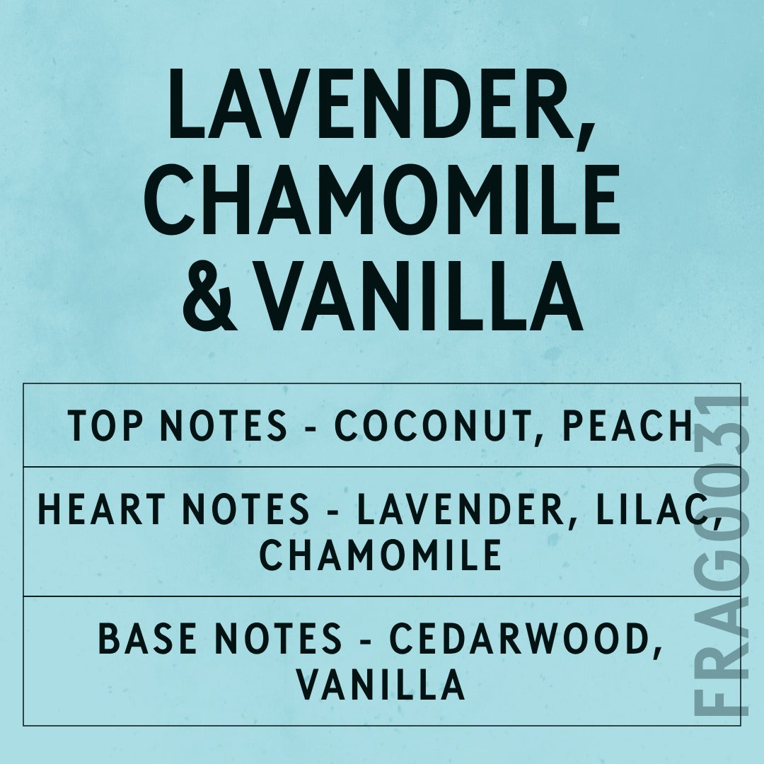 Lavender, Chamomile & Vanilla fragrance oil - Candle Shack aluminium bottle with dried botanicals on a dark slate background