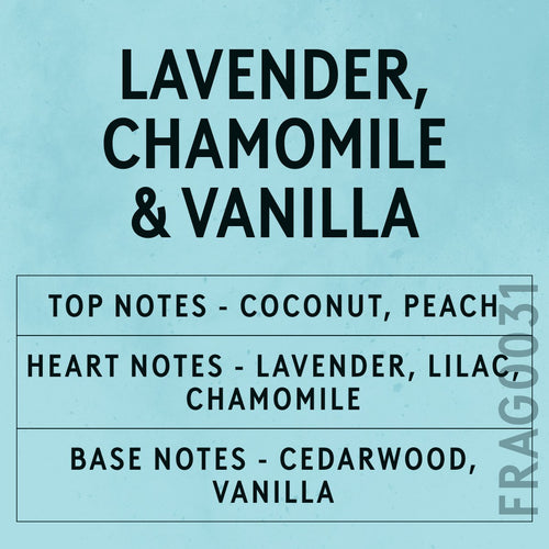 Lavender, Chamomile & Vanilla fragrance oil - Candle Shack aluminium bottle with dried botanicals on a dark slate background