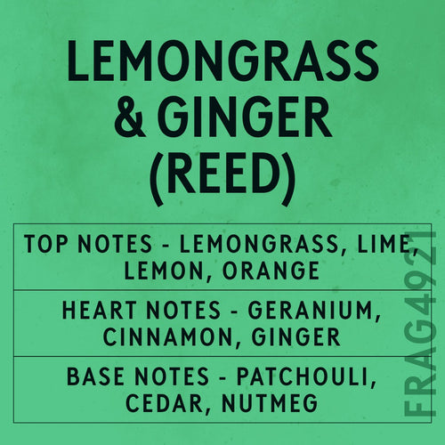 Lemongrass & Ginger Reed fragrance oil - Candle Shack aluminium bottle with dried botanicals on a dark slate background
