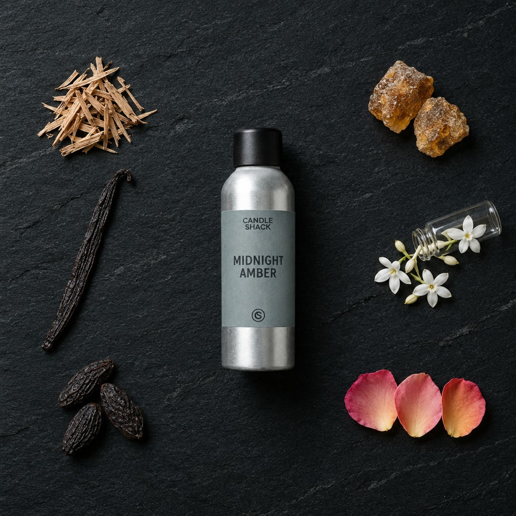 Midnight Amber fragrance oil - Candle Shack aluminium bottle with dried botanicals on a dark slate background