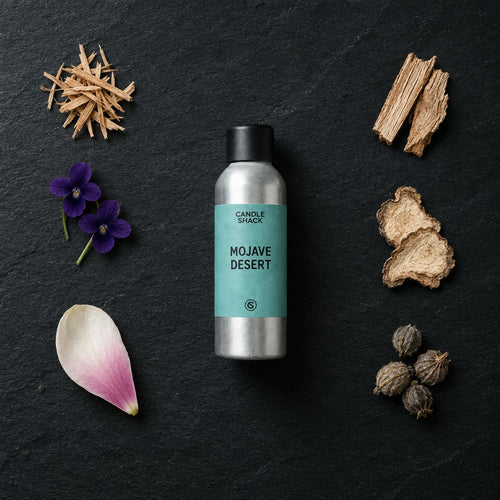 Mojave Desert fragrance oil - Candle Shack aluminium bottle with dried botanicals on a dark slate background