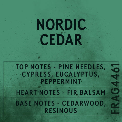 Nordic Cedar fragrance oil - Candle Shack aluminium bottle with dried botanicals on a dark slate background