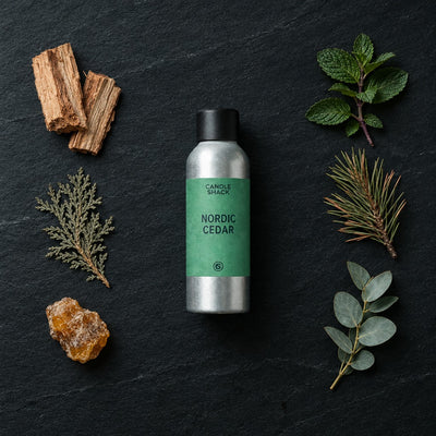 Nordic Cedar fragrance oil - Candle Shack aluminium bottle with dried botanicals on a dark slate background
