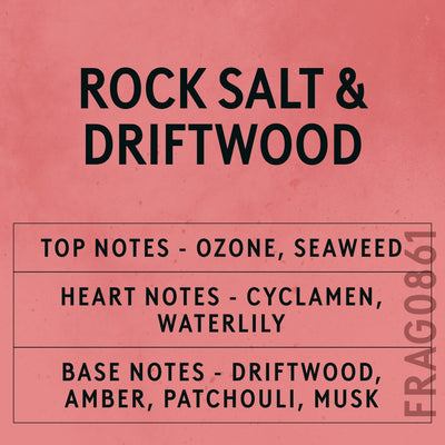 Rock Salt & Driftwood fragrance oil - Candle Shack aluminium bottle with dried botanicals on a dark slate background