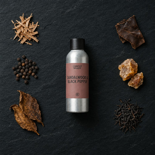 Sandalwood & Black Pepper fragrance oil - Candle Shack aluminium bottle with dried botanicals on a dark slate background