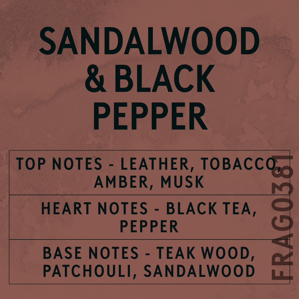 Sandalwood & Black Pepper Fragrance Oil scent card (English)