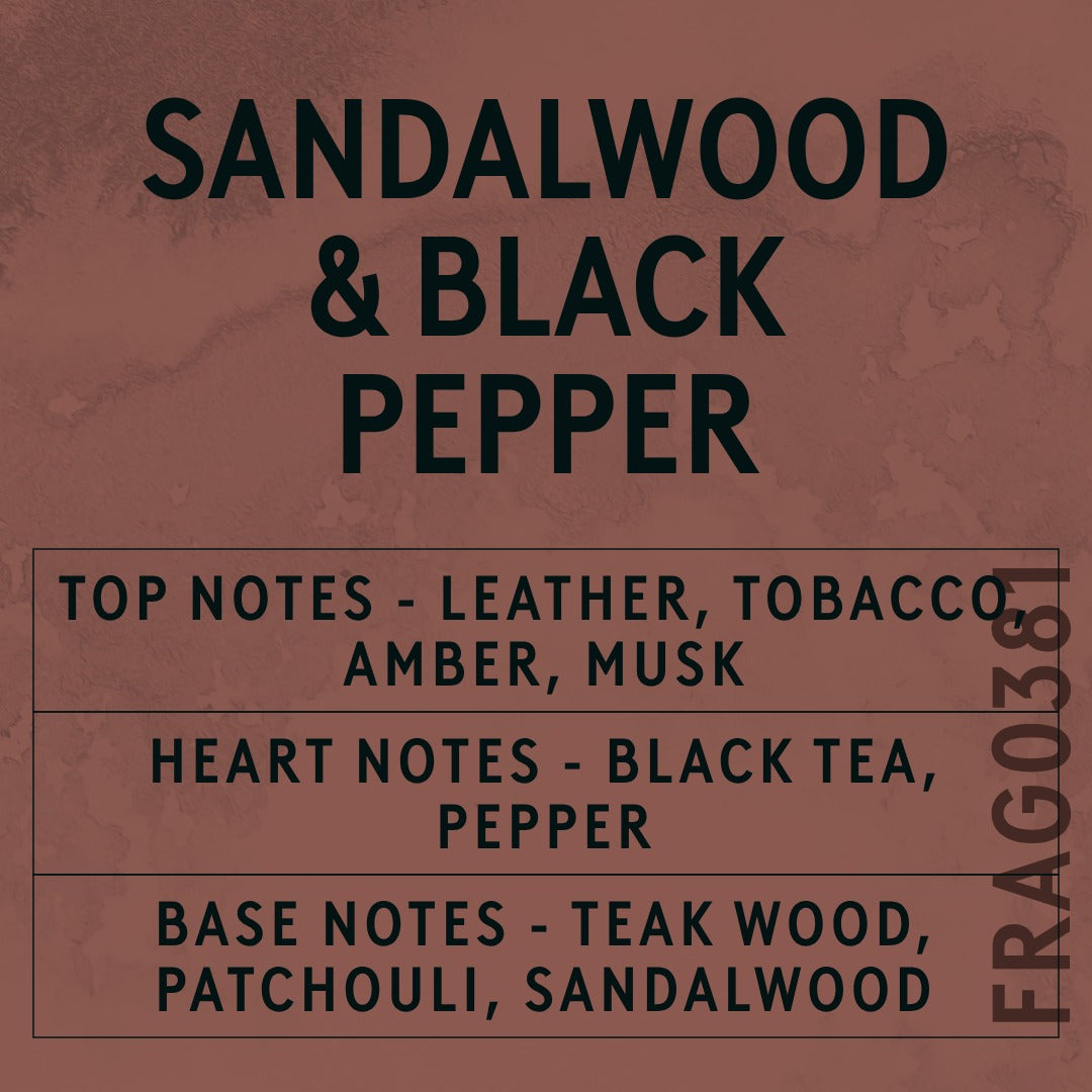 Sandalwood & Black Pepper Fragrance Oil scent card (English)