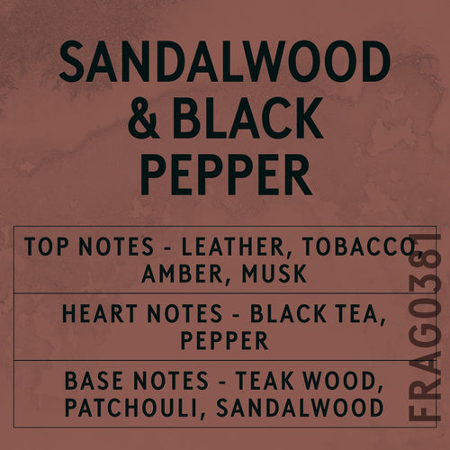 Sandalwood & Black Pepper Fragrance Oil scent card (English)