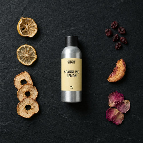 Sparkling Lemon fragrance oil - Candle Shack aluminium bottle with dried botanicals on a dark slate background