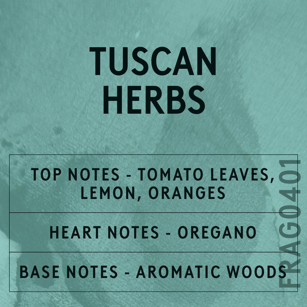 Tuscan Herbs fragrance oil - Candle Shack aluminium bottle with dried botanicals on a dark slate background