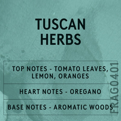Tuscan Herbs fragrance oil - Candle Shack aluminium bottle with dried botanicals on a dark slate background