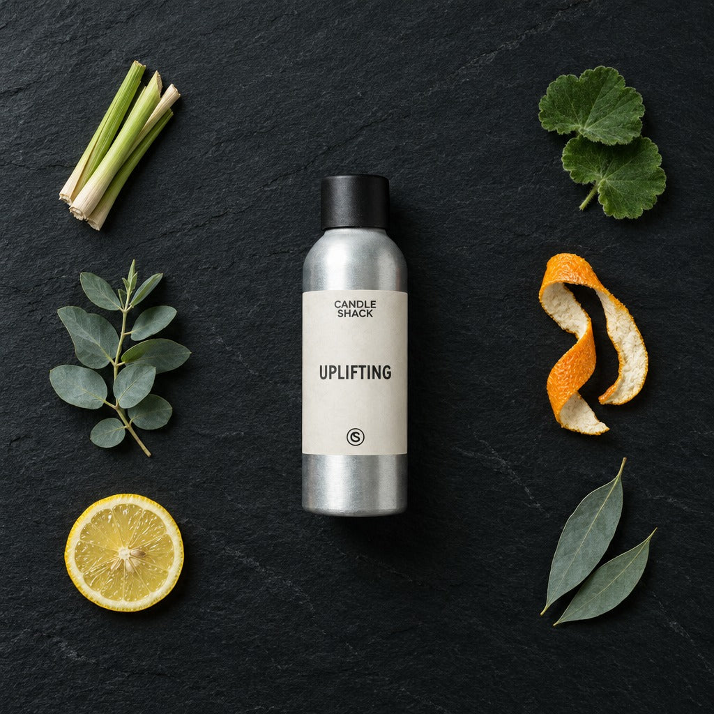 Uplifting Natural Oil fragrance oil - Candle Shack aluminium bottle with dried botanicals on a dark slate background