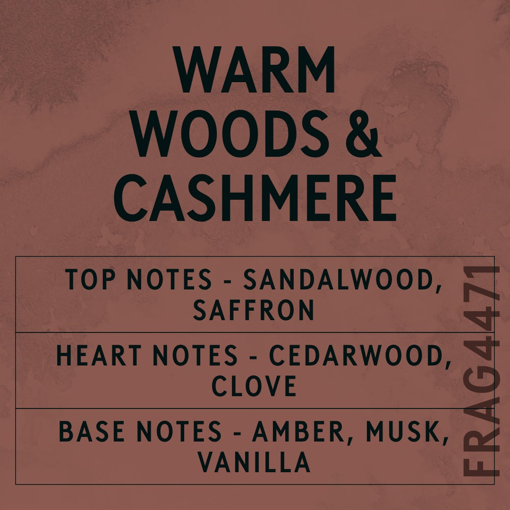 Warm Woods & Cashmere Fragrance Oil scent card (English)